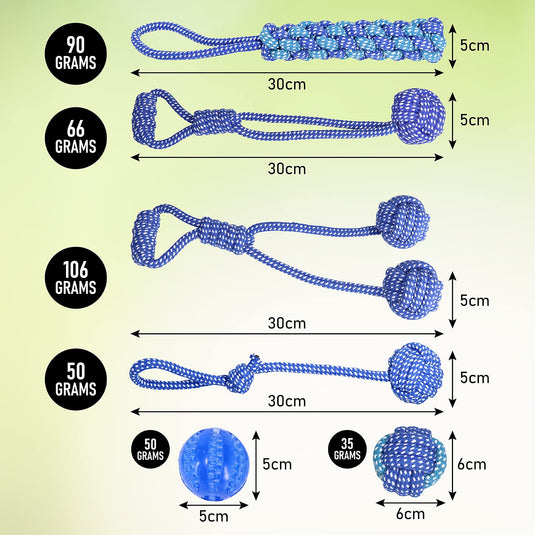 Small Dog Toys Interactive Puppy Chew Toy Rope Set Natural Safe Rubber Treat Dispensing Ball Dog food Balls un flavored stress relief helps with Teethings and anxiety 6pc By [ CHEWY BONE ] (Blue)