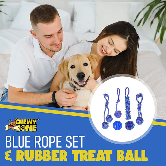 Small Dog Toys Interactive Puppy Chew Toy Rope Set Natural Safe Rubber Treat Dispensing Ball Dog food Balls un flavored stress relief helps with Teethings and anxiety 6pc By [ CHEWY BONE ] (Blue)