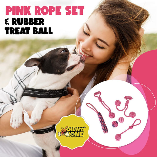 Small Dog Toys Interactive Puppy Chew Toy Rope Set Natural Safe Rubber Treat Dispensing Ball Dog food Balls un flavored stress relief helps with Teethings and anxiety 6pc By [ CHEWY BONE ] (Pink)