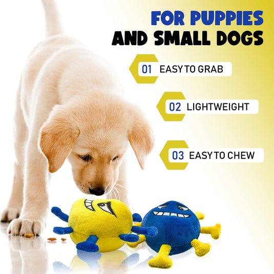 [ CHEWY BONE ] Puppy Squeaky toys Stimulating Plush Toy Interactive & Safe Elastic Dog Toys Covid Chew Toy set with two toys Stuffed with Natural Cotton For Puppies & Small Dogs yellow blue pack