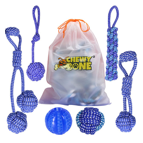 Small Dog Toys Interactive Puppy Chew Toy Rope Set Natural Safe Rubber Treat Dispensing Ball Dog food Balls un flavored stress relief helps with Teethings and anxiety 6pc By [ CHEWY BONE ] (Blue)