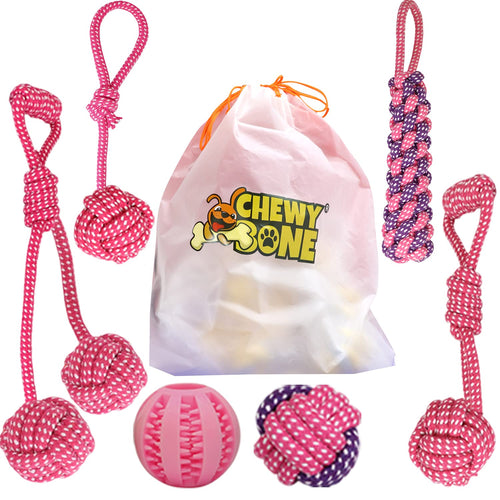 Small Dog Toys Interactive Puppy Chew Toy Rope Set Natural Safe Rubber Treat Dispensing Ball Dog food Balls un flavored stress relief helps with Teethings and anxiety 6pc By [ CHEWY BONE ] (Pink)