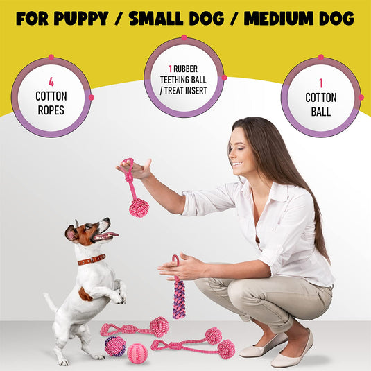 Small Dog Toys Interactive Puppy Chew Toy Rope Set Natural Safe Rubber Treat Dispensing Ball Dog food Balls un flavored stress relief helps with Teethings and anxiety 6pc By [ CHEWY BONE ] (Pink)